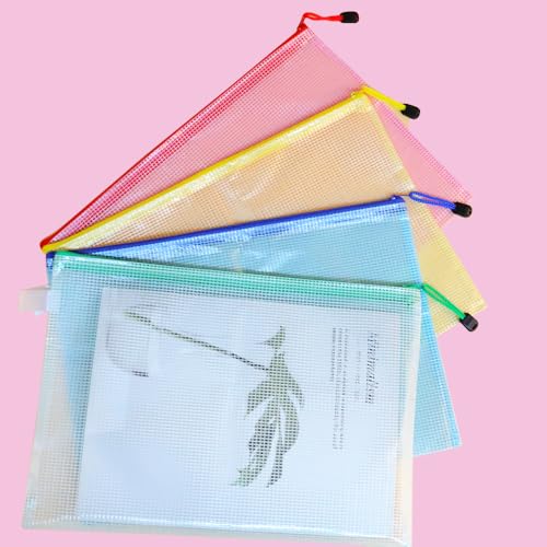Bolsas de malha com zíper, pacote com 4, tamanho A4, organizadores de arquivos resistentes à água, multicoloridos (vermelho/amarelo/azul/verde)