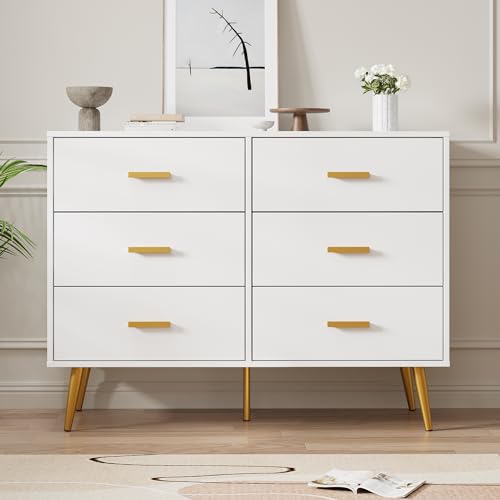 GarveeHome 6 Drawer Dresser, Modern Wooden Dresser with Gold Handles and Storage Space, Chest of Drawers for Bedroom, Hallway, Living Room and Entryway, White