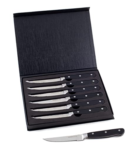 Hanseküche Steakmesser Set – 6x Hochwertige Steakmesser mit Holzgriff – Edles Besteck Set aus rostfreiem Spezialklingenstahl mit Wellenschliff und Geschenkbox (Schwarz)