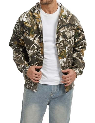Camo Zip up Hoodie Men Full-Zip Fleece Hoodies Oversized Hooded Sweatshirts Maple Leaf Print Long Sleeve Sweatshirt