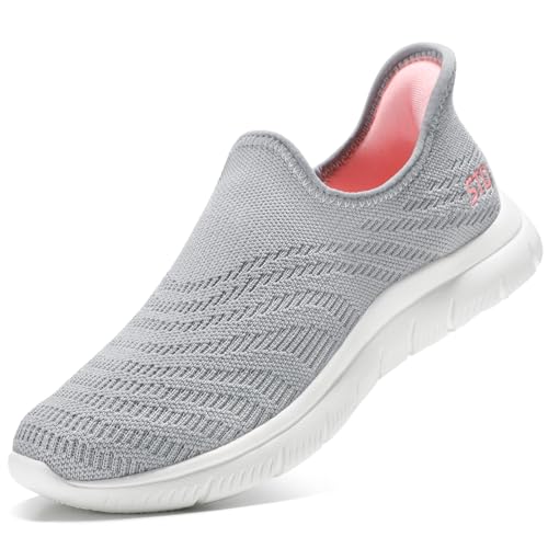 STQ Zapatillas Mujer Deportivas Non Slip Ligero Sin Cordones Tenis Exterior y Interior Sneakers Zapatos Running Gris Rosa 41 EU/9.5 US