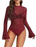 Avidlove Women Long Sleeve Bodysuit Rhinestone Bodysuit Mesh Bodysuit Tops Sexy Party Outfits Wine Red S