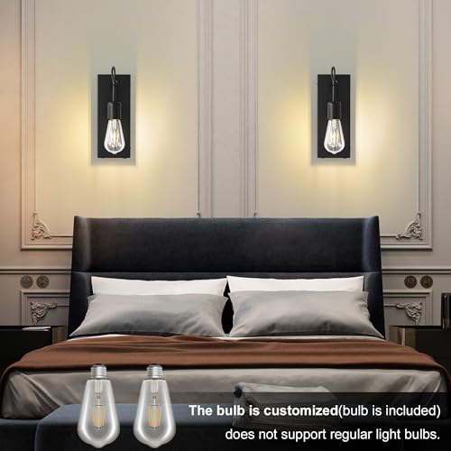 Image of Battery Operated Wall Sconces Set of 2, Black Rechargeable Wall Lights with 8000mA Dimmable Detachable Bulbs, Industrial Wall Lamp for Living Room Bedroom Dining Room