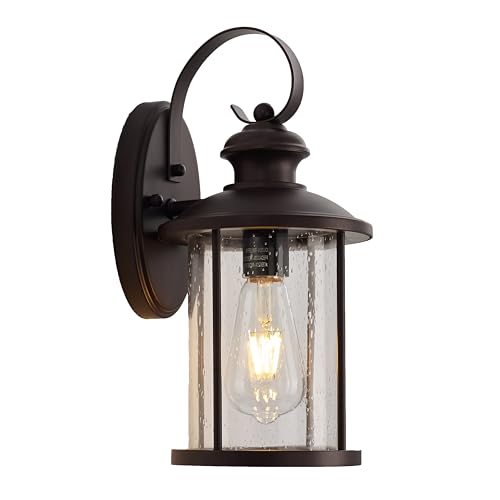 Image of MICSIU 13.75 inch Oil Rubbed Bronze Rustic Outdoor Wall Light 1 Pack, 100W Max | Farmhouse Outside Front Porch Sconce Wall Mount with Clear Seeded Glass for Front Door, Garage, Patio