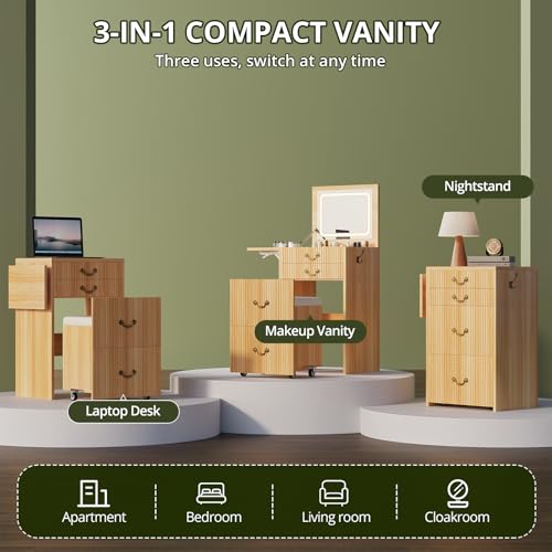 Image of FURSUN 3-in-1 Vanity with Flip Mirror & Lights, Fluted Compact Vanity Table with 3 Drawers, Storage Compartment and Rolling Stool, Modern Small Makeup Vanity for Bedroom, Powder Room, Natural Oak