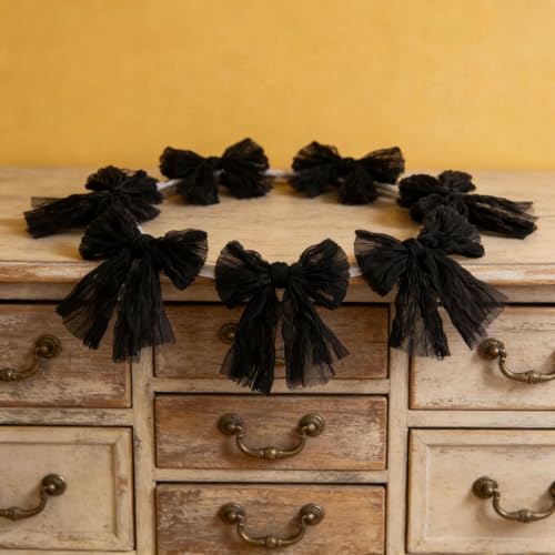 Image of MLMC Black Bow Garland Banner Handmade Cheesecloth Bow Wreath Party Hanging Decorations for Wedding Birthday Bridal Shower Gothic Party Decor