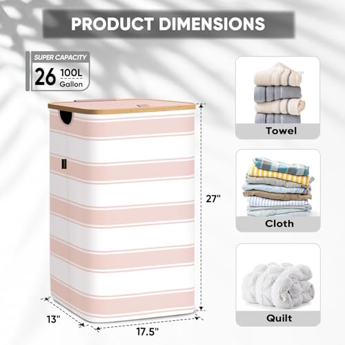 Image of BALEINE Laundry Hamper with Lid, Tall Laundry Baskets with Bamboo Pull Handles, Large Laundry Bin with Internal Support (26 Gal /100L, Pink Stripe)