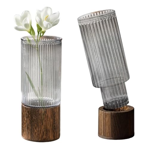 Glass Vase Cylindrical Smoked Grey Flower Vase with Wooden Base Plant Vases for Pampas Grass Dried Flowers, Boho Rustic Style Vases for Wedding Home Decor Table Centerpieces 10Inch/25Cm Tall (Ribbed)
