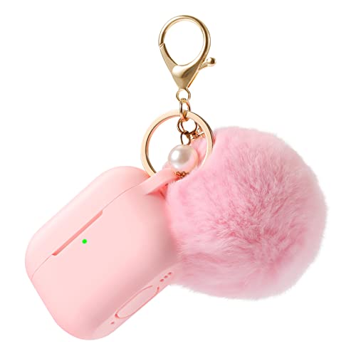 Case Cover for Airpods Pro 2nd Generation Charging Case 2022, Soft Silicone Protective Case with Keychain and Cute Puff Pom Pom Ball Kit Front LED Visible (Light-Pink)
