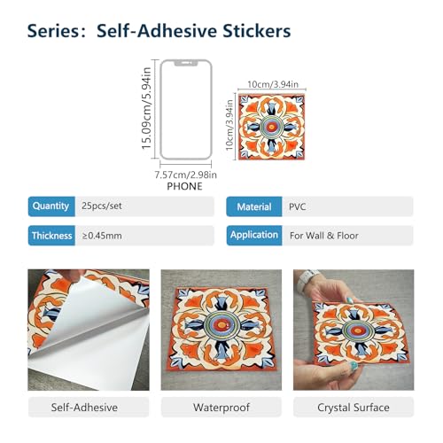 25 PCS Moroccan Style Tile Sticker, 4x4 Inch(10x10cm) Traditional DIY Murals, Tile Waterproof Oil Proof Removable Decals for Bathroom & Kitchen Backsplash