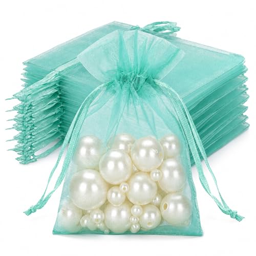 Image of joycraft 50Pcs Aqua Blue Organza Bags - 2.7x3.5 In Sheer Jewelry Drawstring Mesh Pouch, Small Holiday Organza Pouch for Christmas, Thanksgiving, Wedding Favor, Small Business