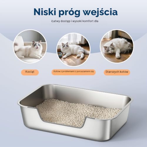 Kuweta ze Stali Nierdzewnej z Niskim Brzegiem, Metalowa Toaleta dla Starszych lub Rannych Kotów, Duża Otwarta XXL Bez Pokrywy, Powłoka Antyprzywierająca, Bezzapachowa, Łatwa w Czyszczeniu, 70×50×20 cm