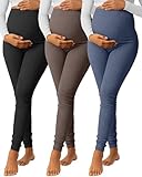 Sweetyweee 3 Pack Women's Maternity Pants Ribbed Cotton Over The Belly Tight Lounge Pregnant Pants for Casual Pajama Home(Black, Coffee, Navy Blue,Large)