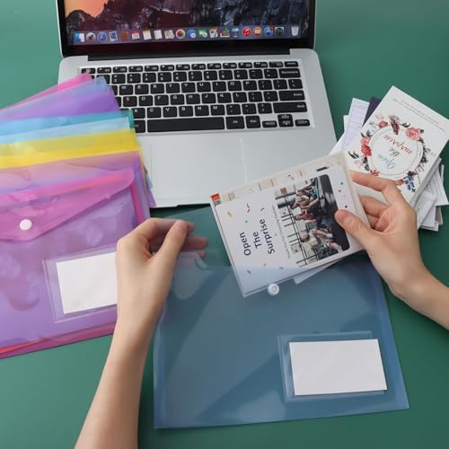 12 Stück Dokumententasche A5 Abheftbar 6 Farben, Wasserdichte Sammelmappe mit Druckknopf & Etikettentasche, Robuste Dokumentenmappe für Büro, Schule & Zuhause, Umschlagmappen zum Abheften