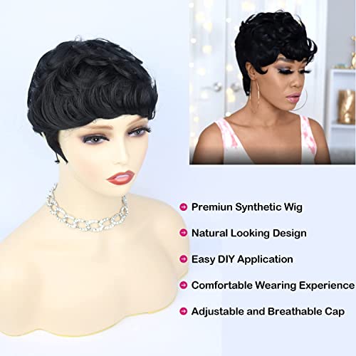 Evasens Short Curly Wigs For Black Women Short Hair Pixie Cut Wig Bob Wolf Cut Black Womens Wigs With Bangs Natural Wavy Synthetic Wigs For Black Women (Wavy-1B#) #TOP3