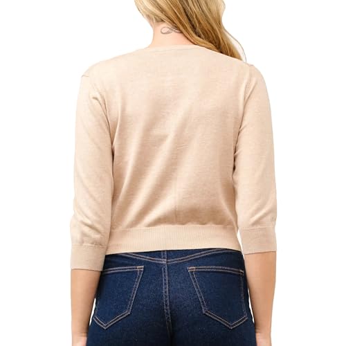 Image of Women's Cropped Cardigan 3 /4 Sleeve Crewneck Button Up Sweater Knit Top (S~XL)