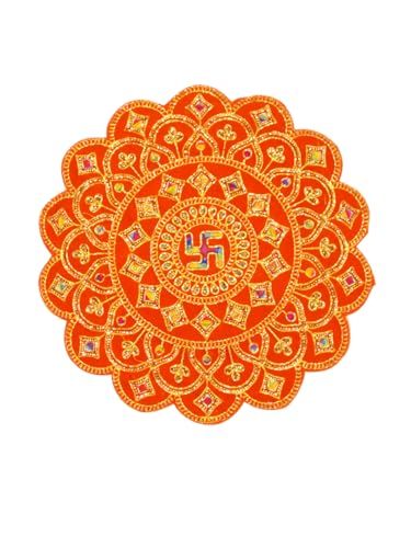 SANSKAARAM (Orange, 16 x 16 Inch) Round Design Embroidered Velvet Pooja Aasan Cloth, for God Idol, Chowki, Home Mandir, Temple Shelf, Pack of 1