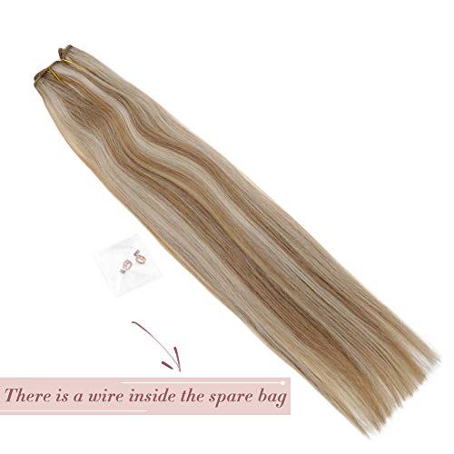 LaaVoo 18\" Invisible Crown Extensions Human Hair Straight Halo Flip on Extensions Highlighted Piano Color Light Golden Brown with Light Blonde Double Weft Hidden Wire 80g 10.5inch Width (#P12/24)