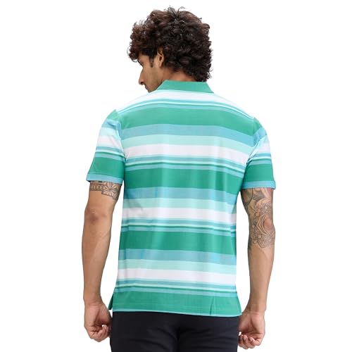 Image of Colorplus Men's Classic Fit Stripe Pattern Pure Cotton Half Sleeve Polo Neck Casual T-Shirt