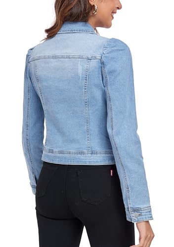Anienaya Women's Jean Jacket Cropped Denim Jackets Stretchy Puff Long Sleeve Ripped with Pockets2