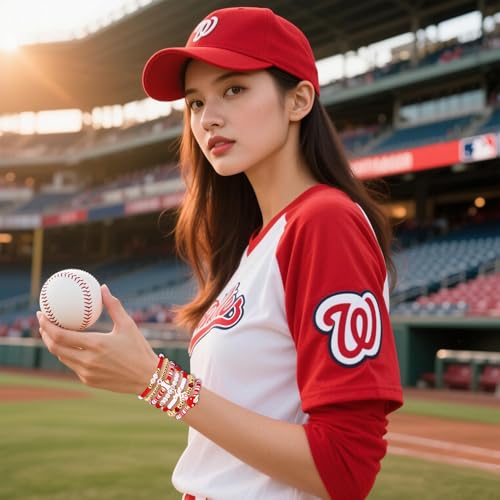 XOCARTIGE Baseball Bracelet for Women Game Day Bracelet Stack Red White Preppy Heishi Bracelets Sport Team Softball Baseball Mom Accessories Outfit Party Favors Gifts (Red White) - Thumbnail 2