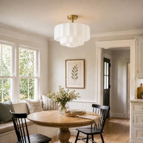 Bofea-13.8'' Vintage Milk Glass Semi Flush Mount Ceiliing Light,Brass by Bofea - Used condition - Image 6