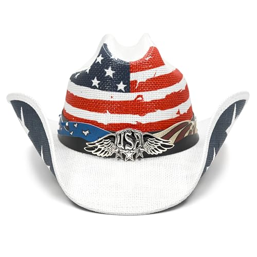 Image of Keilin Straw Cowboy Hat for Women and Men - American Flag Patriotic USA Western Hat 4th July Cowgirl Country Rodeo