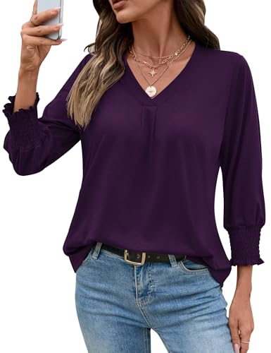 AKEWEI 3/4 Length Sleeve Womens Tops Summer Fashion V Neck Business Casual Blouses Smocked Shirts2