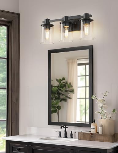 Image of L LOHAS LED 3-Light Black Bathroom Light Fixtures Over Mirror, Modern Matte Black Vanity Light with Clear Glass Shade, Vanity Lights for Bathroom Bedroom Hallway