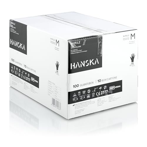 HANSKA Luvas descartáveis de nitrilo pretas, sem pó, descartar, ambidextros, não estéreis, base de borracha, adequada para áreas médicas, manuseamento de alimentos (1000, M)