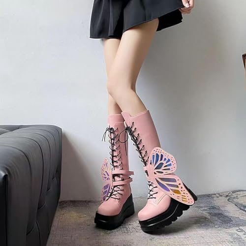Women Platform Punk Goth Mid Calf Boots Butterfly Wings Chunky Wedge Heel Knee High Party Boots Motorcycle Combat Booties4