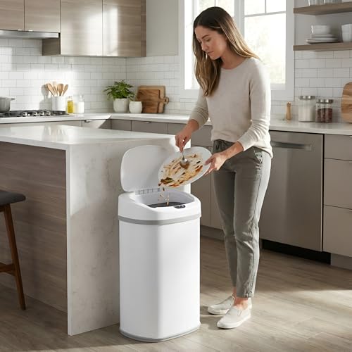 Image of SensorCan 13 Gallon Automatic Sensor Trash Can with Lid, AC Adapter Included, AbsorbX Odor Control, Chalk White Stainless Steel Kitchen Garbage Bin, Fingerprint-Proof, Hands-Free Operation, Oval