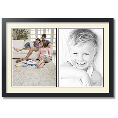 ArtToFrames Collage Photo Frame Double Mat with 2-12x16 inch Openings with Black Frame and Ivory Top Mat