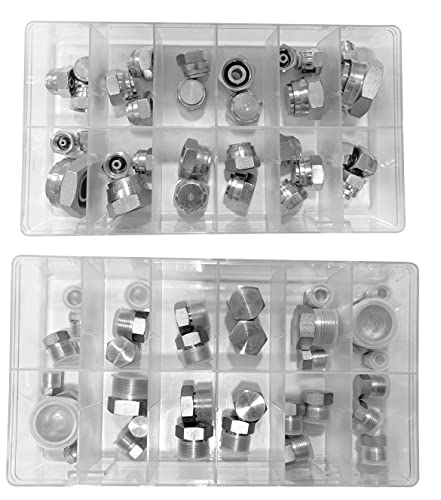 64 Pcs. DIN Heavy Duty Cap & Plug Assortment Hydraulic Adapter Fitting Kit Set, Galvanized Steel with Precision Threading