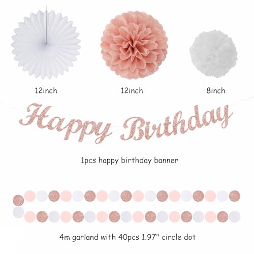 Image of Light-Pink Rose-Gold Birthday Garland Party-Decorations - 14pcs Happy Banner Women Paper Flowers Lanterns Tissue Pom Poms,Streamers Fans Honeycomb Girls Adult Women Kids Hanging Supplies Decor Hugfond