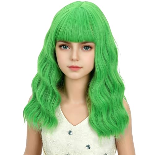 Image of Adult Green Wig Women Short Green Wavy Curly Wigs Adult Wig with Air Bangs Synthetic Cosplay Hair Wigs