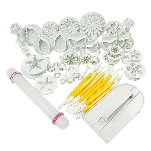 Kit de 46 herramientas de decoración de pasteles de fondant, incluye alisador de pasteles de azúcar, rodillo, moldes en forma de mariposa, hoja de flores, cortador en relieve, accesorios para hornear