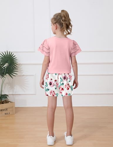 Image of mksodop Girls Clothes 2-Piece Teen Girls clothes Lace Hollow Short-Sleeved Twist T-Shirt And Floral Short Girl Summer Outfits