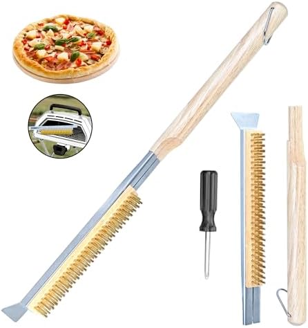 Pizzaofen Bürste 66 cm mit Schaber, Pizzastein Bürste mit langem Holzgriff | Pizzaofen Besen feuerfest, hitzebeständige Edelstahlborsten, kompatibel mit Ooni und ähnlichen Pizzaöfe