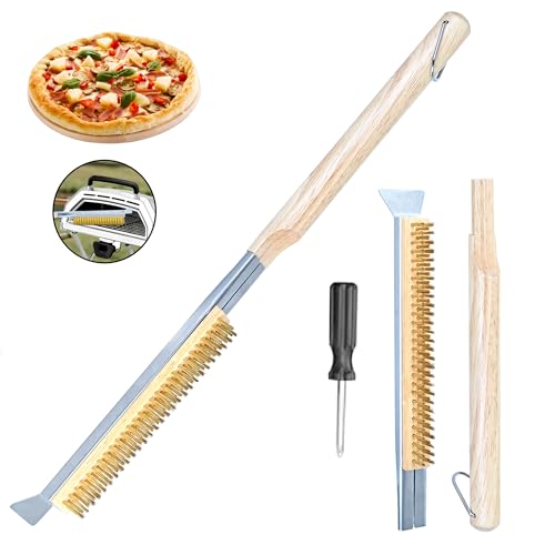 Cepillo para Piedra para Pizza y Horno de Pizza con rascador de Acero Inoxidable, cerdas de latón, Mango de Madera (Ojal Colgante), Escoba para Horno de Pizza, Escoba para Barbacoa, Cepillo para