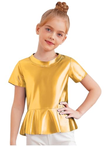 Xnihocha Camisetas cortas Crop Top Niños Niñas Top Manga Corta Danza Top Hip Hop Brillante Tank Top Gimnasia Traje Moderno Danza Jazz Disco Danza Ropa de Danza 2-14 Años, dorado, 158-164