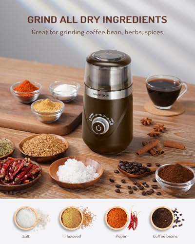 Image of SHARDOR Electric Super Silent Blade Coffee Grinder, Timed Grind Control Rotary Knob, Adjustable Coarse to Fine for Coffee Beans, Spices & Herbs, with 1 Removable Stainless Steel Bowl, Brown