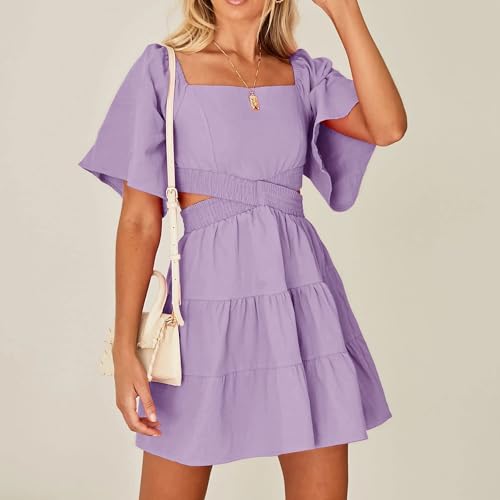 Senllen Womens Summer Dresses 2025 Short-Sleeve Square Neck Mini Dress Crossover Elastic Waist Casual Party Tiered Dress3