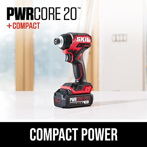 SKIL PWRCORE 20 Brushless 20V 1/4 In. Hex Compact Impact Driver Kit with 3-Speed & Halo Light & One-handed collet Includes 2.0Ah Battery and Charger- ID6739B-10