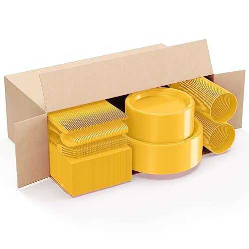 350 Pcs Disposable Tableware Combo Pack Includes: 50 9" Yellow Plastic Dinner Plates | 50 7" Plastic Appetizer Plates |50 Plastic Cups | 50 Paper Napkins | 50 Plastic Cutlery Spoons Forks & Knives #TOP2