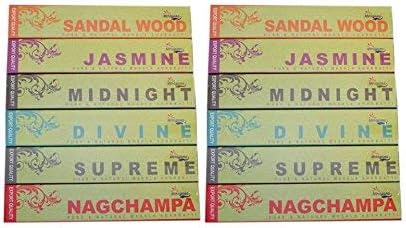 Narayana Set of 12 Masala Nag Champa, Sandalwood, Jasmine, Supreme, Divine, Midnight Incense Sticks - 2 Packs Each of 6 Different fragrances