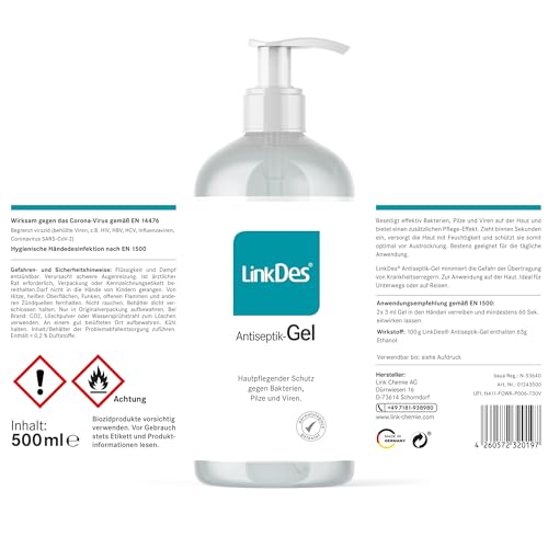LinkDes Antiseptik Gel, VAH gelistet, klebt nicht an den Händen, Desinfektionsgel, begrenzt viruzid EN 14476 (2er Pack)