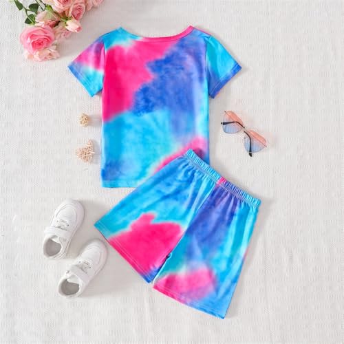 Image of Kids Girl Clothes Tie Dye Heart Print Short Sleeve Top and Shorts Toddler Girl Summer Outfits Short Set