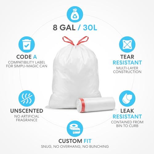 Image of SIMPLI-MAGIC 8 Gallon / 30 Liter Trash Liner (Code A), Tear-Resistant Trash Bags for Kitchen, Office, Bathroom, and Bedroom Trash Cans, 60 pack