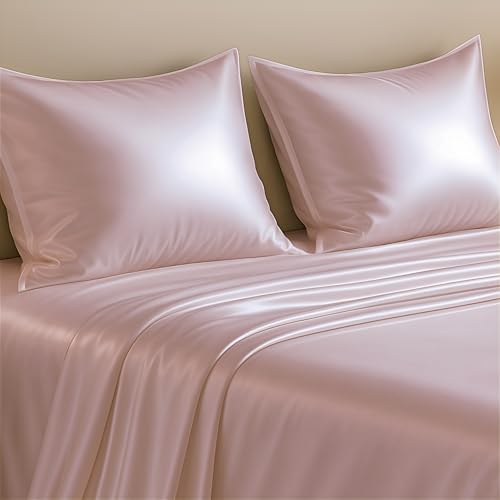 Image of Luxe Ere Satin Bedsheet Single Size (60x90) | 300 TC Ultra Smooth Silky Soft Luxury Satin Bed Sheet with 2 Pillow Covers | Premium Satin Bedsheets for Single Bed - Champagne Rose